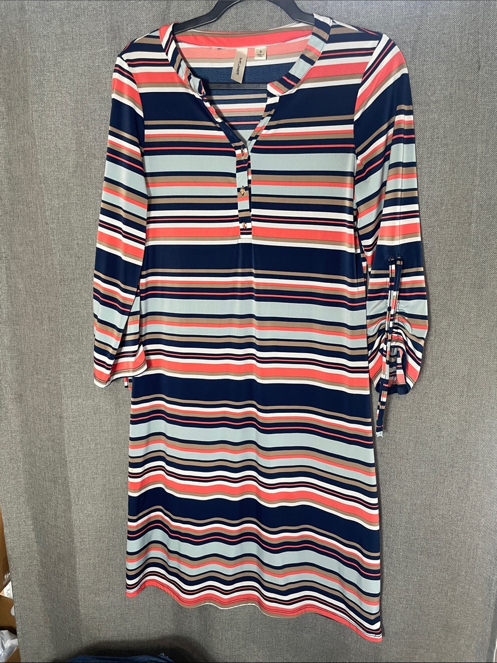 Tacera Multicolor Striped Shift Dress V-Neck Roll Tab Sleeve Small